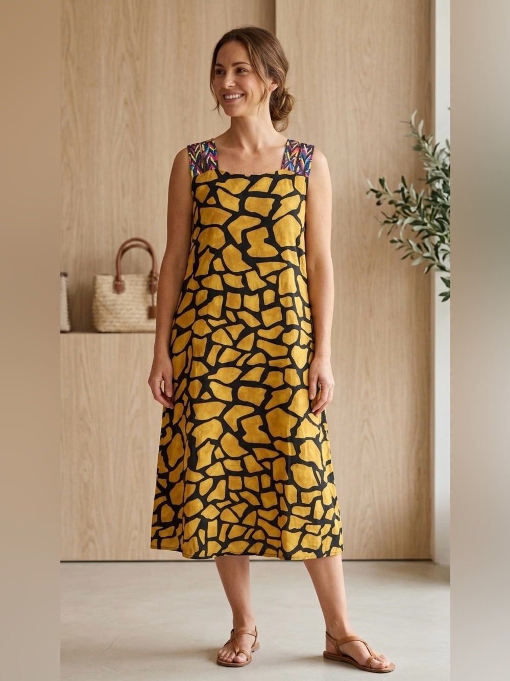 Aria Luna Women's Size L Yellow Black Giraffe Print Boho Midi‎ Dress